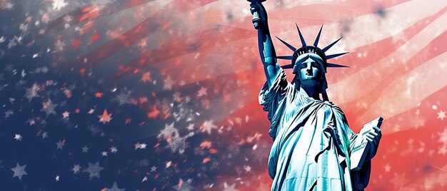 Ilustracja USA 4 lipca Dzień Niepodległości Statua Wolności czerwona i niebieska gwiazda Ai Generowane