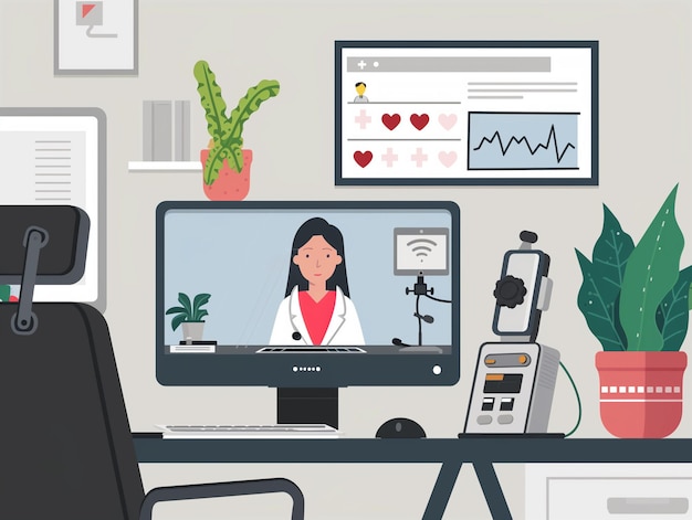 Ilustracja ustawienia telemedycyny z lekarzem na monitorze i sprzętem medycznym przy biurku