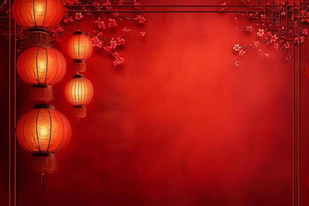Zdjęcie ilustracja w chińskim stylu eleganckich chińskich latarni z kwiatami wiśni na czerwonym ba