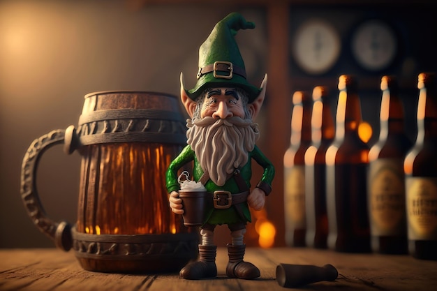 Ilustracja w stylu 3D przedstawiająca elfa leprechauna z piwem Koncepcja dnia Świętego Patryka AI generacji