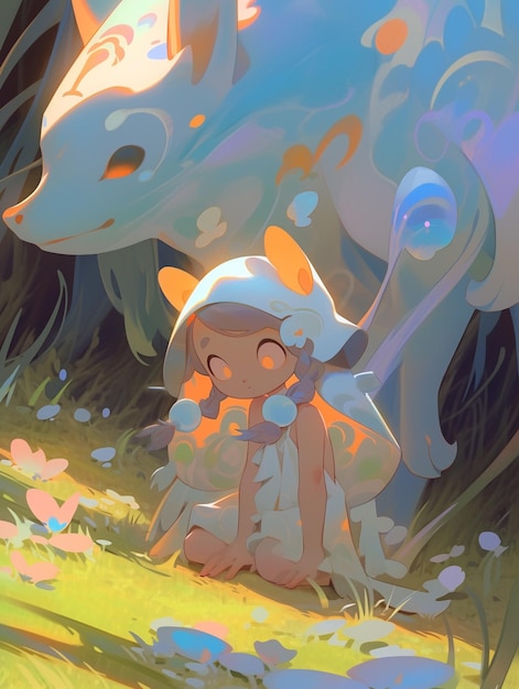 Ilustracja w stylu anime dziewczyny siedzącej w trawie z kotem generatywny ai