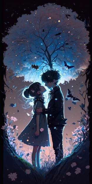 Ilustracja w stylu anime przedstawiająca całującą się parę w drzewie generatywnym ai