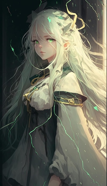Ilustracja w stylu anime przedstawiająca kobietę z długimi białymi włosami i zielonymi oczami generatywną ai