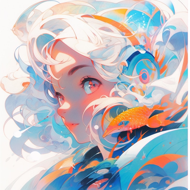 ilustracja w stylu anime przedstawiająca kobietę z rybą we włosach generatywną ai