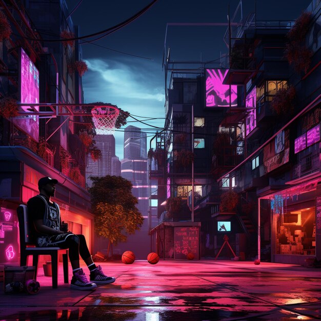 ilustracja w stylu anime przedstawiająca mężczyznę siedzącego na ławce w mieście generatywnym AI