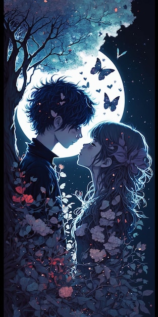 Ilustracja w stylu anime przedstawiająca parę całującą się przed generatywną ai pełni księżyca