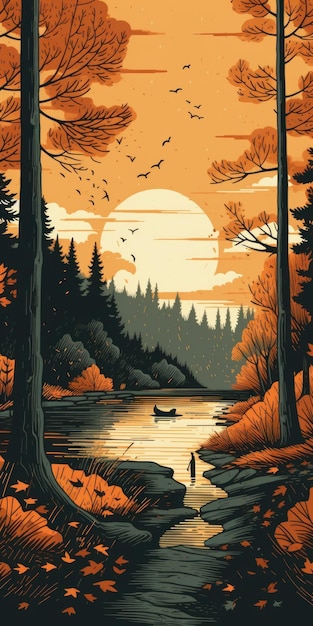 Ilustracja w stylu drewnianym jesieńskiej plaży z jeziorem i lasem