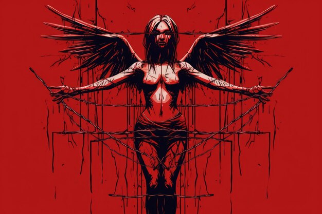 Zdjęcie ilustracja w stylu horroru kobiety z skrzydłami na czerwonym tle generatywna sztuczna inteligencja