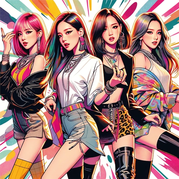 Ilustracja w stylu Kpop z członkami kobiet