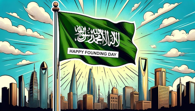 Ilustracja w stylu kreskówki flagi Arabii Saudyjskiej machającej na słupie z krajobrazem miasta
