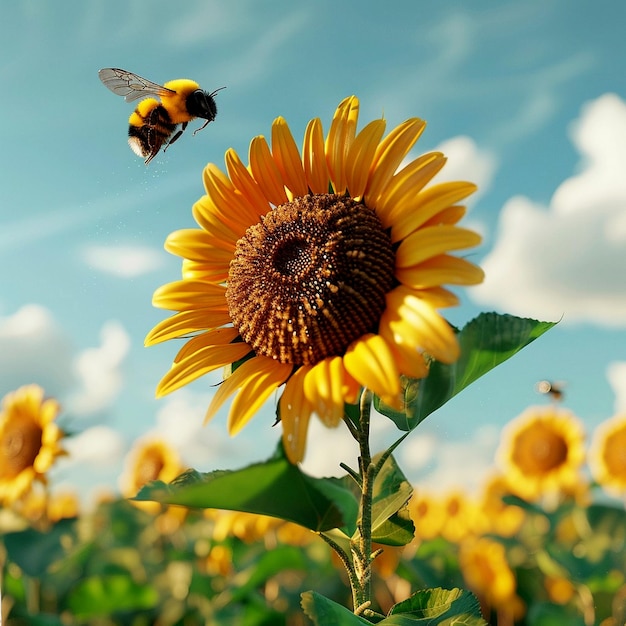 Zdjęcie ilustracja w stylu kreskówki słonecznika na polu z pszczołą latającą nad tłem nieba