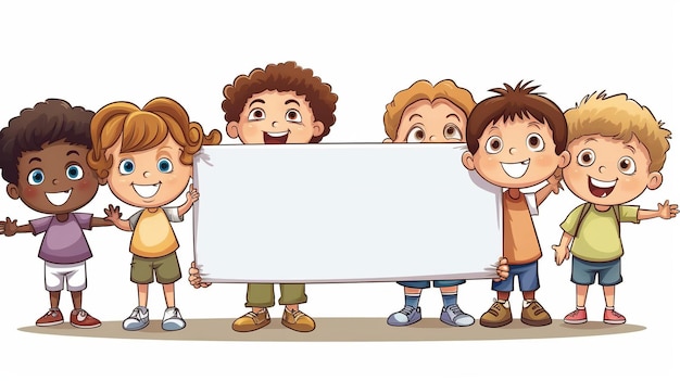 Zdjęcie ilustracja w stylu kreskówki szczęśliwych uroczych dzieci trzymających pustą tablicę na białym izolowanym tle na dzień dziecka generative ai