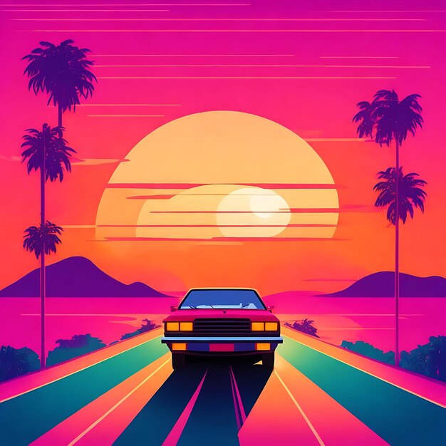Ilustracja w stylu lat 80. z samochodem wjeżdżającym w zachód słońca Generacyjna sztuczna inteligencja