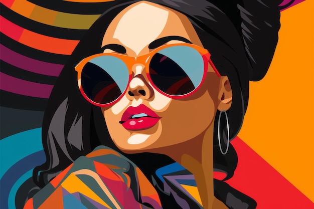 ilustracja w stylu pop-art przedstawiająca kobietę w okularach przeciwsłonecznych