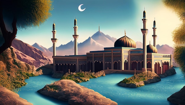 ilustracja w tle pięknego meczetu z widokiem na góry i płynącą rzekę