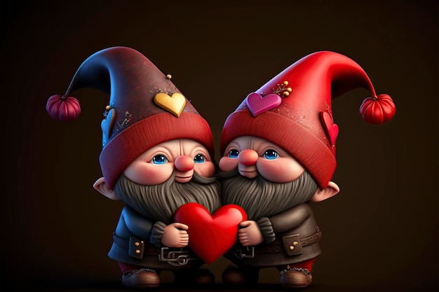 ilustracja Walentynki Gnomy z sercem w rękach skandynawscy krasnoludowie z symbolami miłości kreskówka