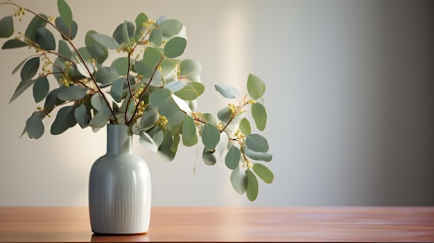 Ilustracja wazy wypełnionej zielonymi liśćmi eukaliptusu na drewnianym stole