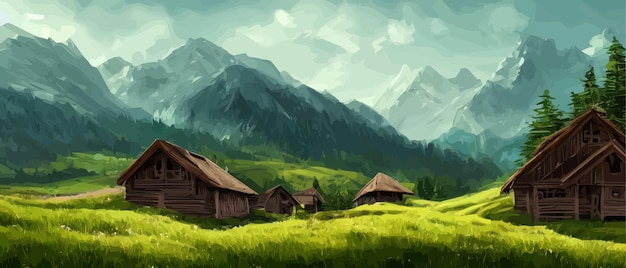 Ilustracja wektora płaskiego krajobrazu letnich krajobrazów Widok natury niebo góry przytulne domy wiejskie Dom