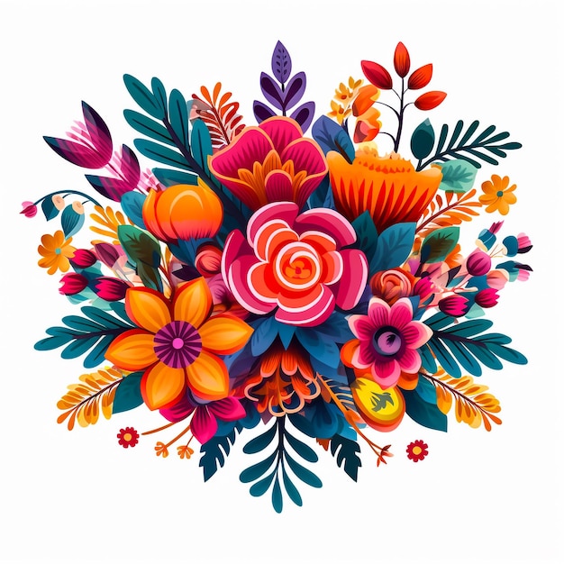Ilustracja wektorowa 2D zestaw kolorowych kwiatów i liści