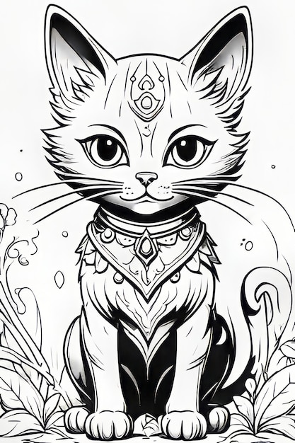 ilustracja wektorowa czarnego kota z białymi oczami i kwiatami ręcznie rysowanymi czarno-białymi dla spółki