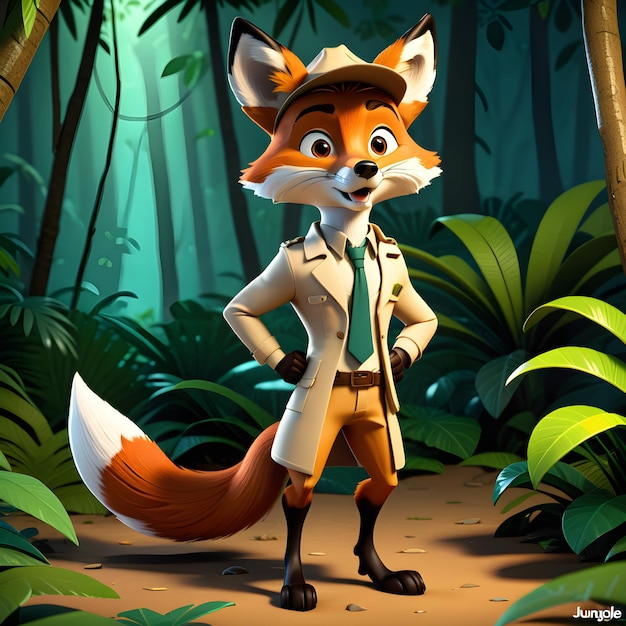 ilustracja wektorowa detektywa lisa stojącego w dżungli na tle lasu