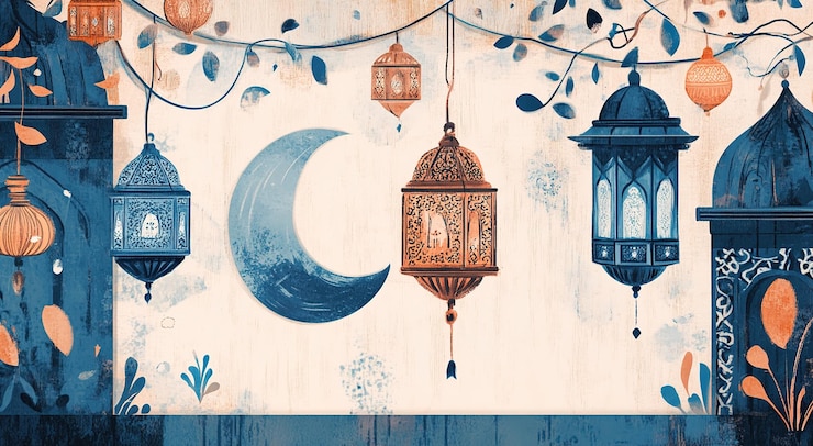 Zdjęcie ilustracja wektorowa eid al adha szare tło z ozdobionymi gwiazdami księżyca latarniami i obrazem meczetów