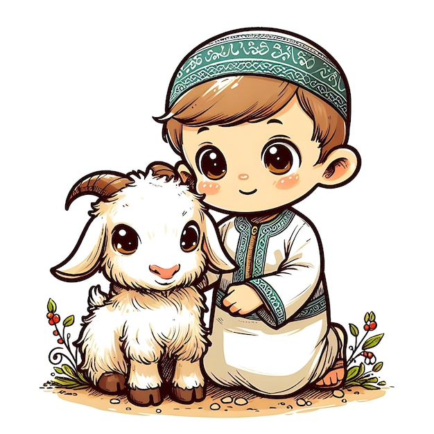 Ilustracja wektorowa Eid ul adha chłopiec z kozą do poświęcenia