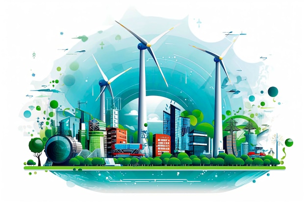 Ilustracja wektorowa generatywnej AI reprezentująca energię odnawialną, energię wiatrową, czystą energię, Recykling Koncepcja środowiska
