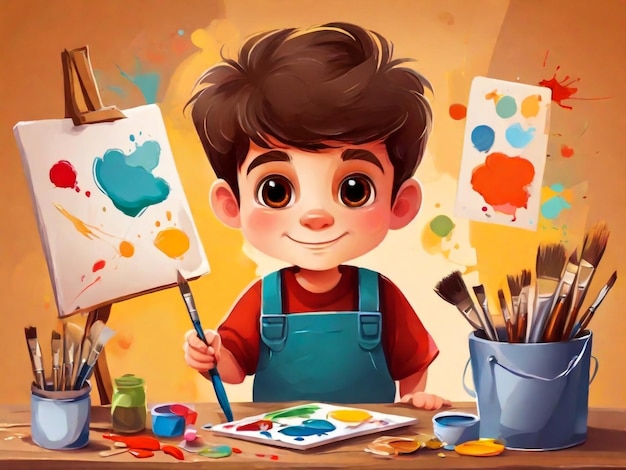 Ilustracja wektorowa Happy Cute Boy Painting Doskonała do maskotki dla dzieci okładka książki dla dzieci ilustracje książek tapety dla dzieci broszury puzzle itp.