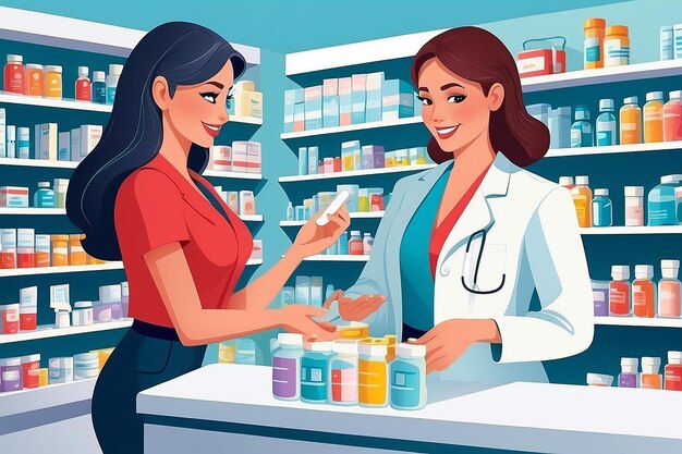 Ilustracja wektorowa kobiety kupującej leki w aptece