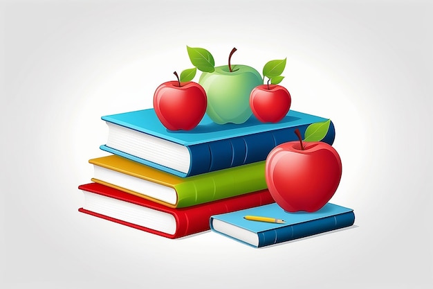 Ilustracja wektorowa kolorowych książek ułożonych jedna na drugiej i czerwonego jabłka odizolowanego na białym tle