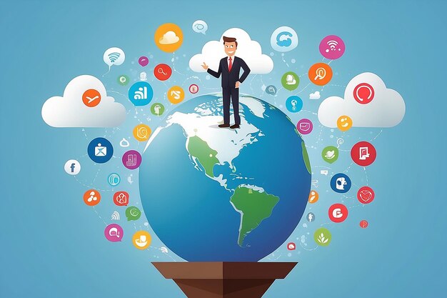 Ilustracja wektorowa koncepcji mediów społecznościowych z biznesmenem, postacią z kreskówki stojącą na globie z chmurą ikon