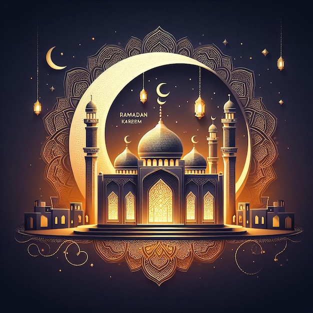 Ilustracja wektorowa krajobrazu meczetu w nocy z światłem księżyca i gwiazdami na Eid Mubarak Ramadan projekt graficzny w kulturze muzułmańskiej i religii islamskiej