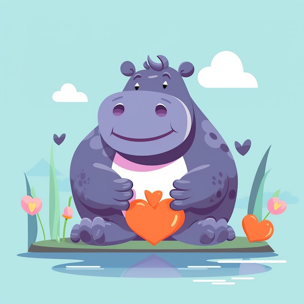 Zdjęcie ilustracja wektorowa ładny hipopotam kreskówka siedzi walentynki kreskówka płaska konstrukcja ikona ilustracja kreskówka wektor