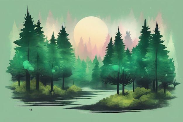 ilustracja wektorowa lasu z drzewami i mgłą
