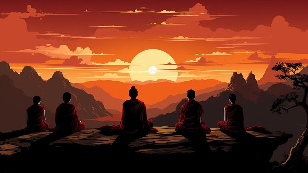 ilustracja wektorowa mnichów w szafranowych szatach medytujących Ai wygenerowany