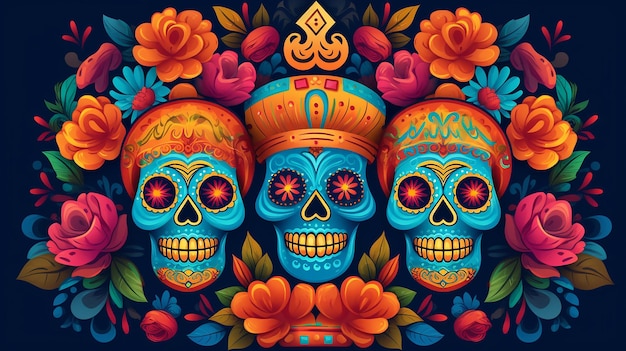 Ilustracja wektorowa na meksykańskie wakacje Dia de los Muertos Generative AI