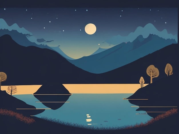 Ilustracja wektorowa nocnego krajobrazu z księżycem i gwiazdami