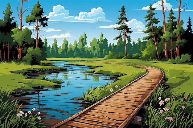 ilustracja wektorowa pięknej małej ścieżki przez las sosnowy