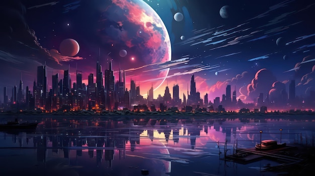 Ilustracja wektorowa Pixel Cityscape at Night w stylu retrowave