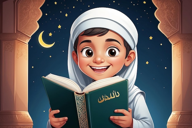Ilustracja wektorowa szczęśliwego muzułmańskiego dziecka trzymającego Koran