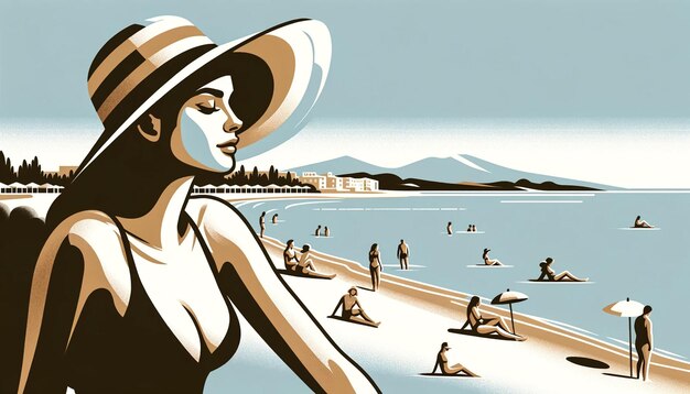 ilustracja wektorowa w minimalistycznym stylu przedstawiająca kobietę na plaży