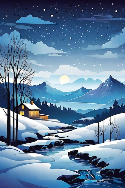 Ilustracja wektorowa Winter Wonderland Księżycowa noc we mgle