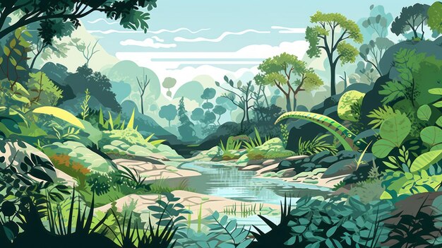 Ilustracja wektorowa z bujnymi dżunglami z skomplikowanymi szczegółami