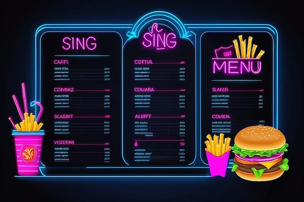 Zdjęcie ilustracja wektorowa z jedzeniem w neonie szablon menu kawiarni w stylu neonowym ikona neon szybkiego jedzenia