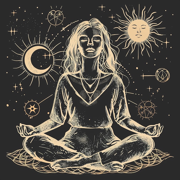 Ilustracja wektorowa z kobiecą sylwetką w pozycji medytacyjnej Koncepcja jogi drukowana karta plakatowa i projekt ulotki