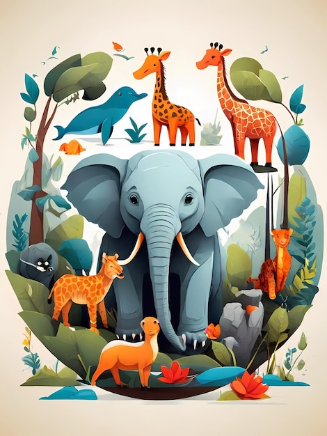 Ilustracja wektorowa zwierząt i niemowląt, w tym koali, pingwinów, żyraf, małp, słoni