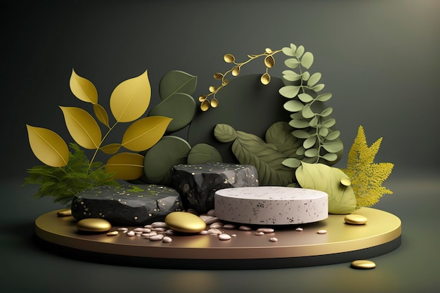ilustracja wellness spa wyświetlacz produktu tło liście i kamyki ai generatywny