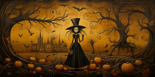 Ilustracja wiedźmy z kapeluszem w przerażającym lesie z nietoperzami i dyniami Halloween nawiedzony dom