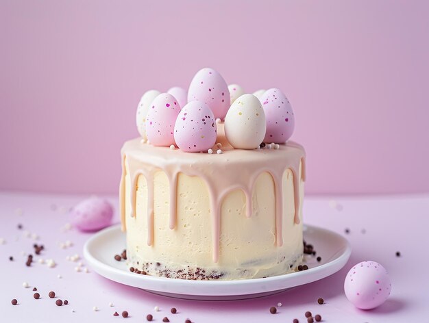 Ilustracja wielkanocna z jajkami królików i ciastem w pastelowych kolorach